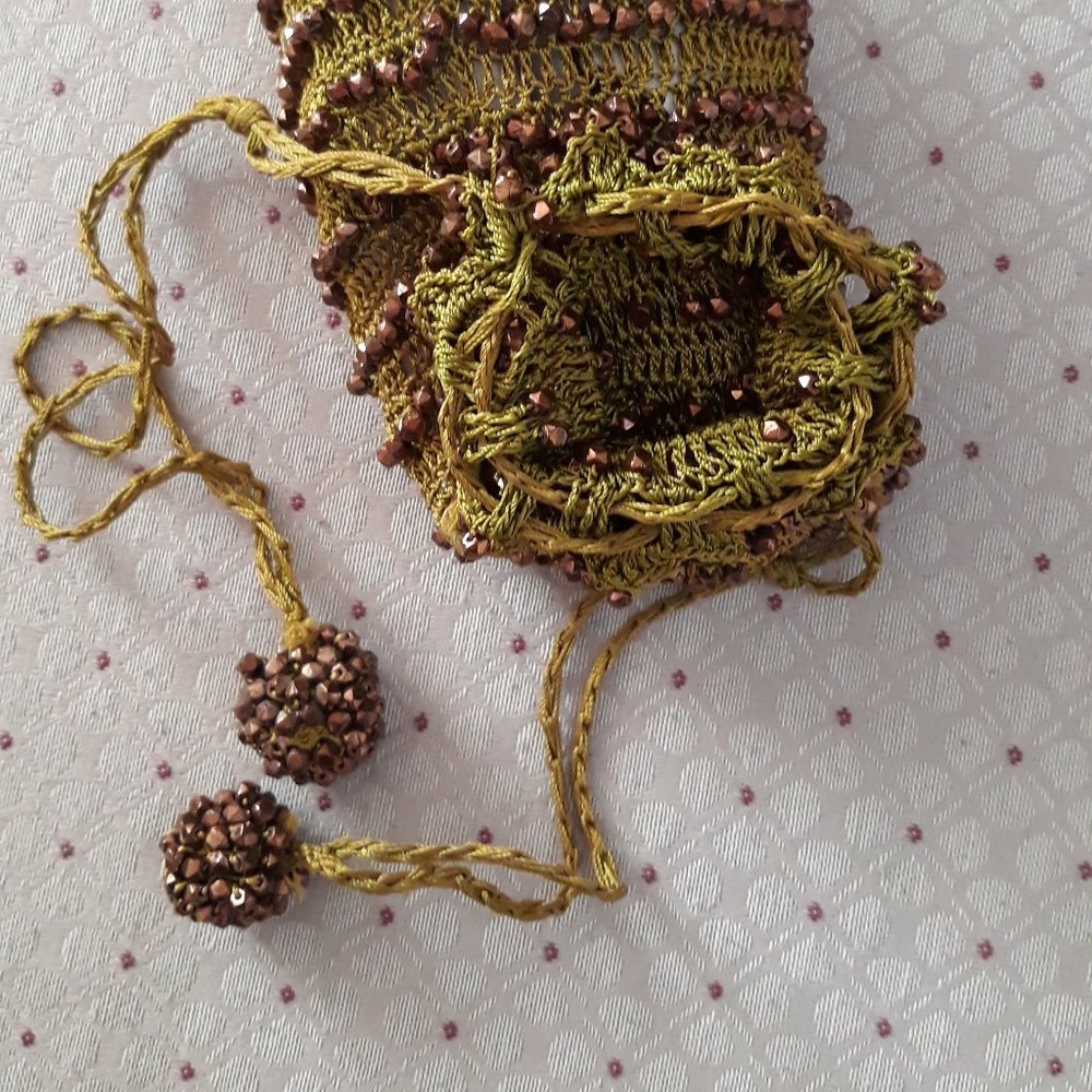 Antique Crocheted Drawstring Bag Beaded Glass - image 3